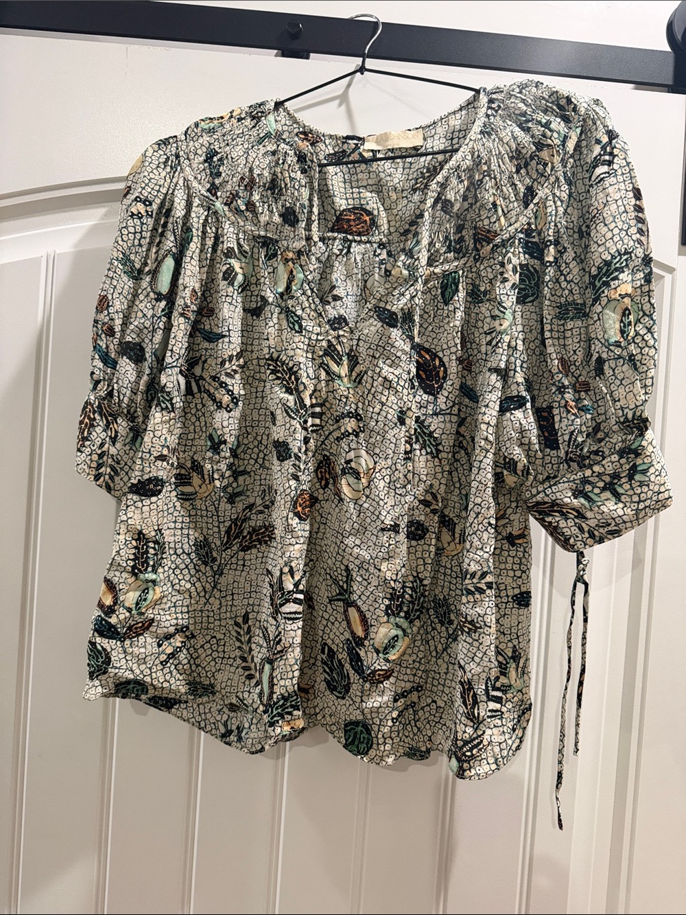 Ulla Johnson Cream Floral Puff-Sleeve Blouse with Green and Brown Accents